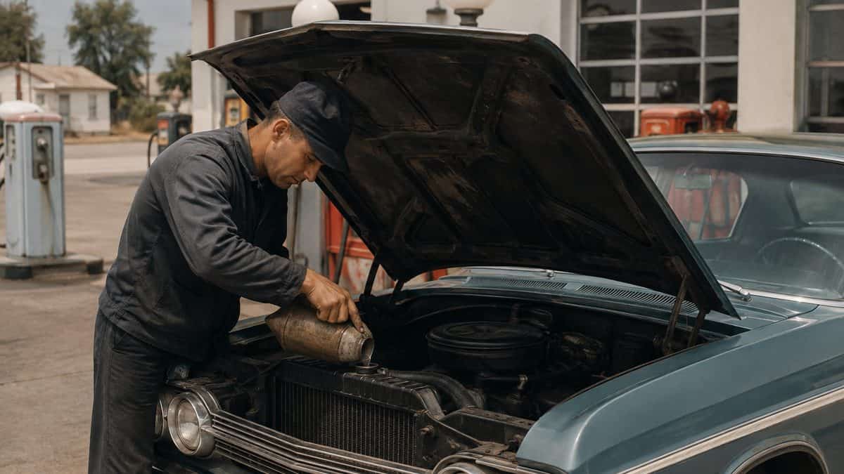 15 Gas Station Services We Took for Granted in the '60s 7 Mechanic working on a car radiator