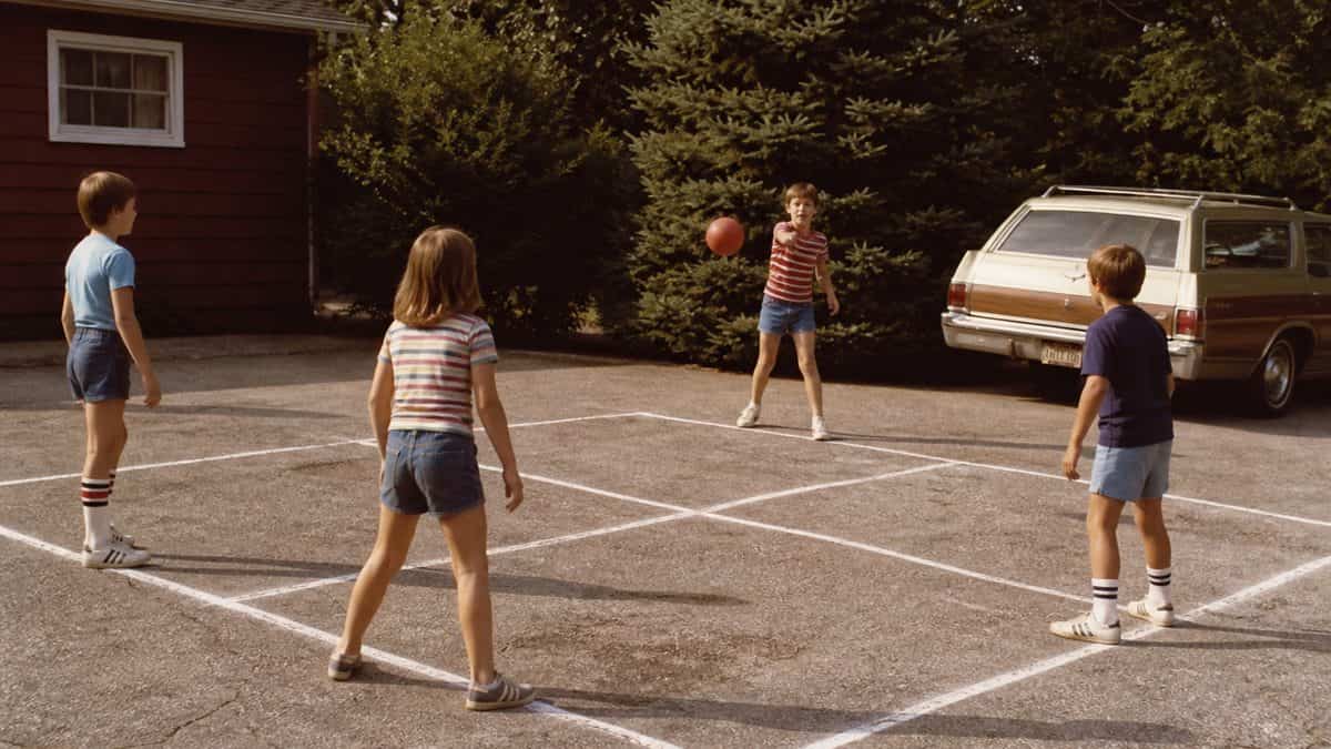 Backyard Games from the '70s That Kept Kids Outside Until Dark 7 Kids playing four square on a properly drawn court.