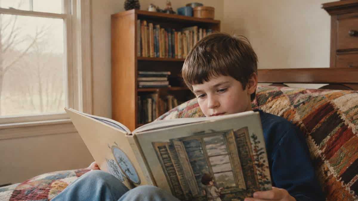 Child reading a Maurice Sendak book.