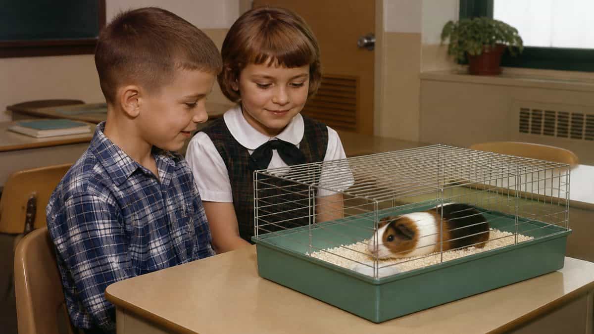 Authentic 1960s photo of students with a classroom pet