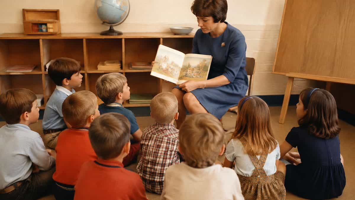 Authentic 1960s photo of a teacher reading to students