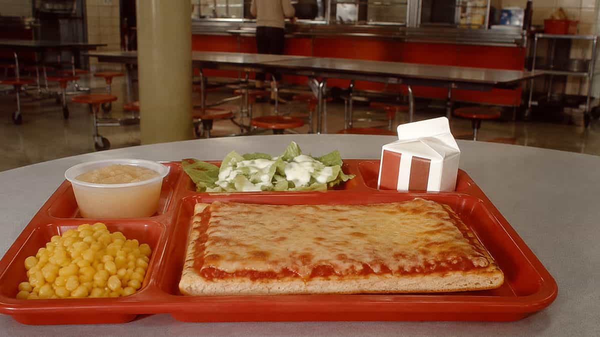 School cafeteria tray with authentic rectangle pizza