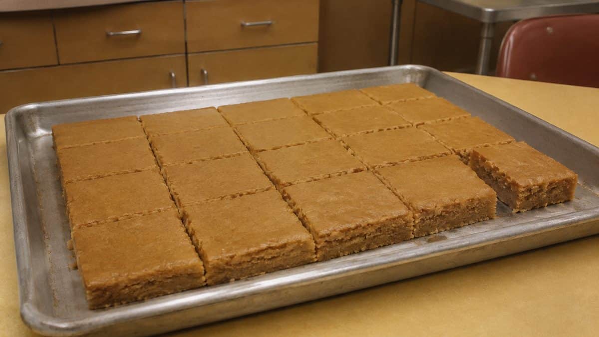 Peanut butter bars on a baking sheet