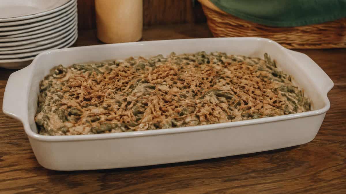 Green bean casserole in a serving tray