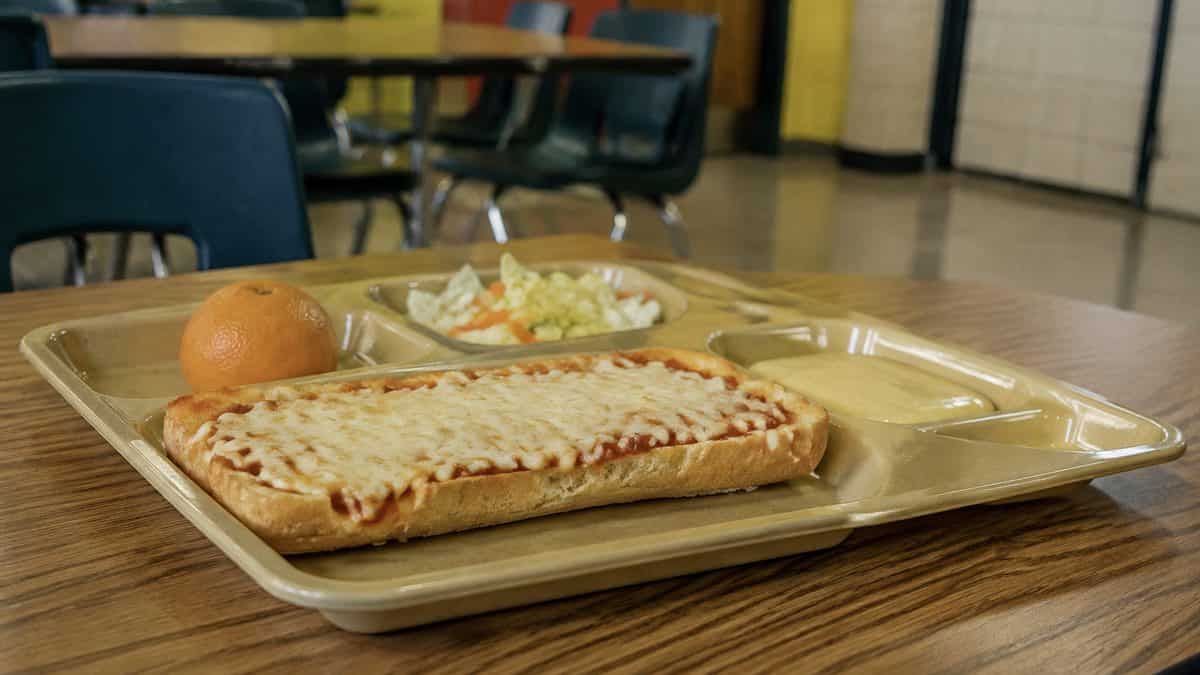 French bread pizza on a school tray
