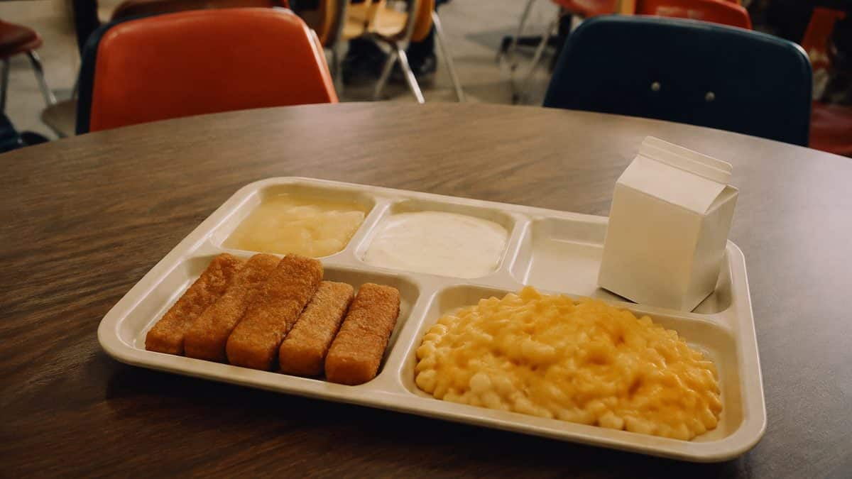 Fish sticks and mac & cheese on a tray