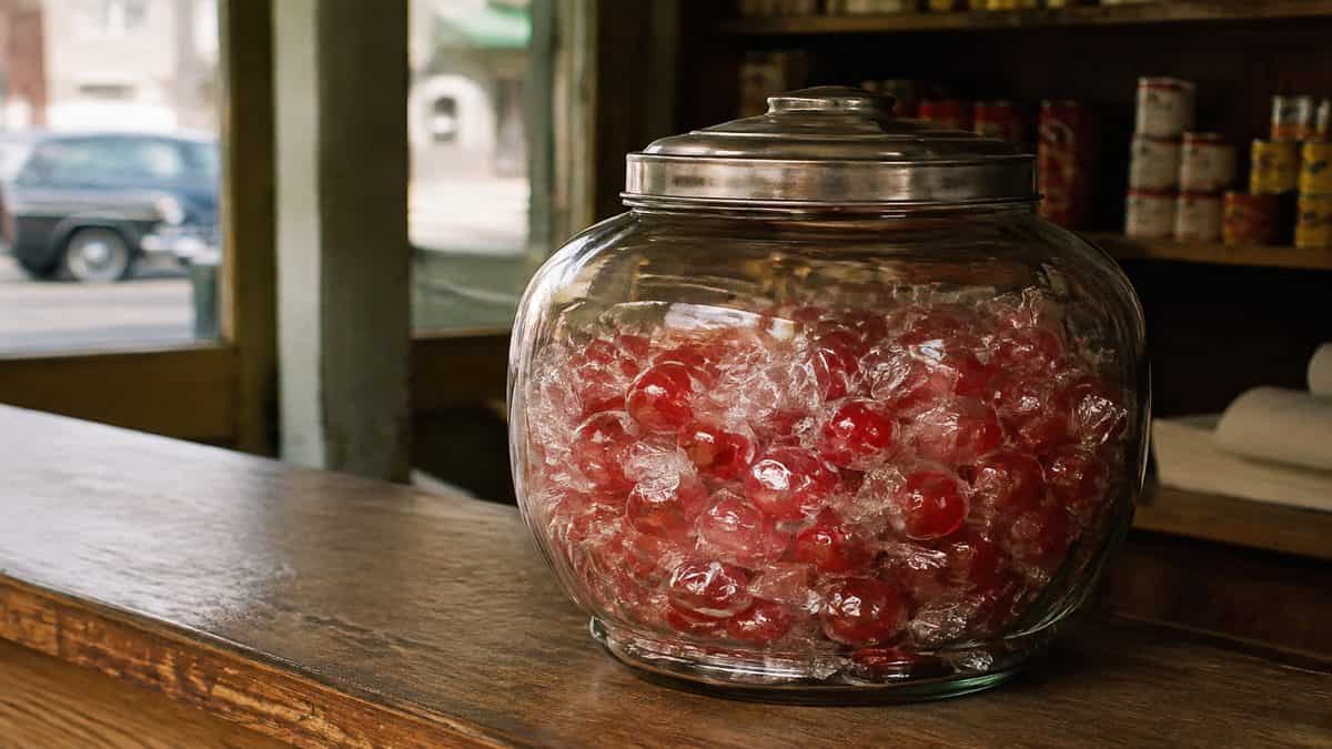 Vintage candy jar with real Atomic Fireballs.