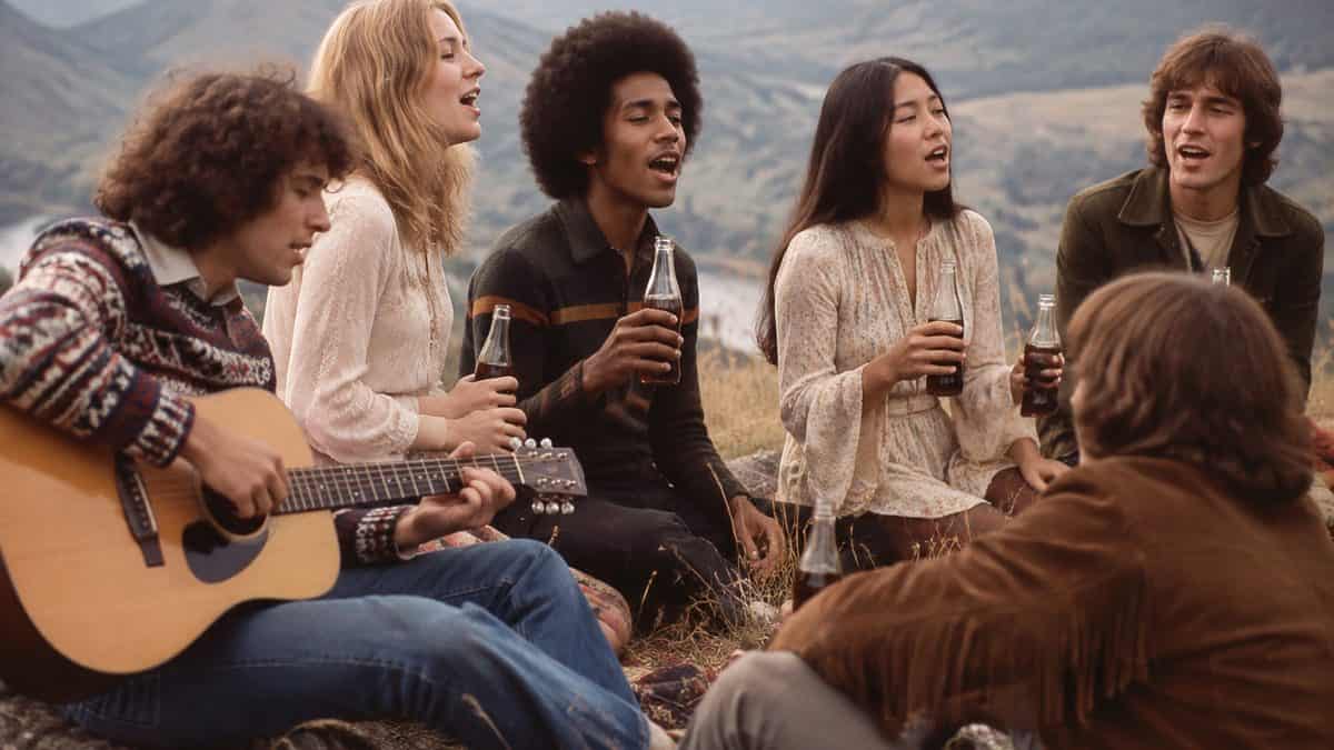 Authentic 1970s photo of diverse young people singing on a hillside holding Coke bottles