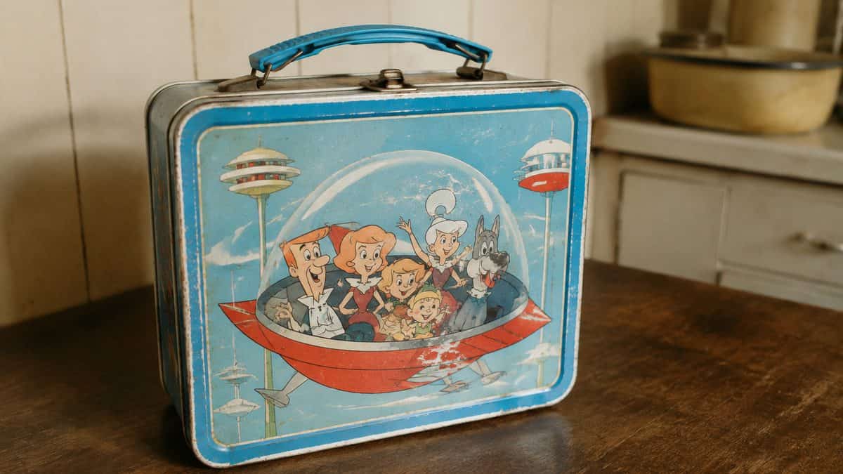 15 Vintage Lunch Boxes Worth Serious Money Now 3 Real 1963 Jetsons lunchbox showing natural wear.