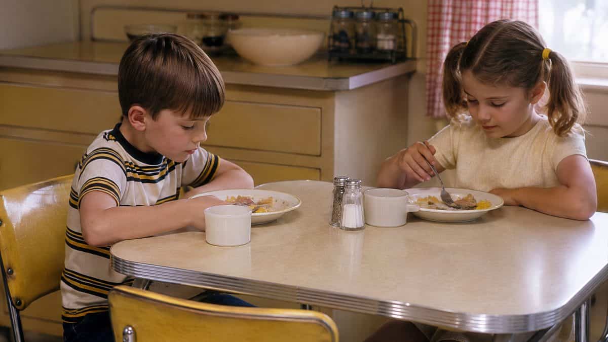 12 Forgotten Dinner Table Rules That Would Surprise Kids Today 2 Children eating at a kids' table