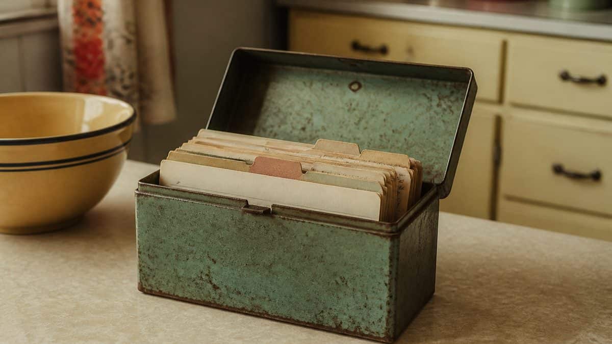 How '50s Moms Kept the Family Organized Without Any Tech 4 Well-used metal recipe box