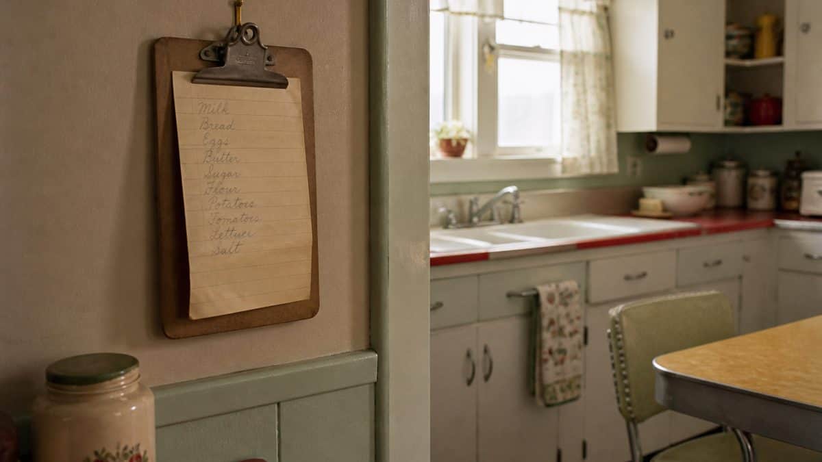 How '50s Moms Kept the Family Organized Without Any Tech 6 Handwritten grocery list in a 1950s kitchen