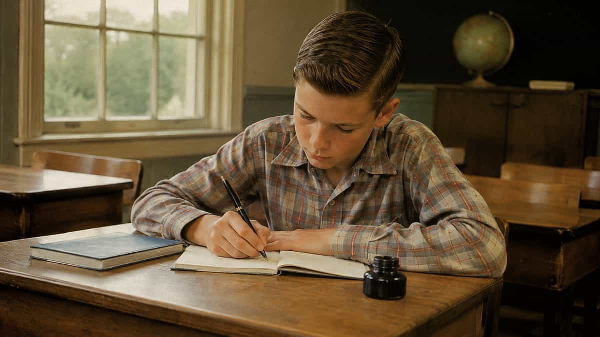 Remember These? 14 School Supplies That Defined the '50s Classroom 2 Student using a fountain pen
