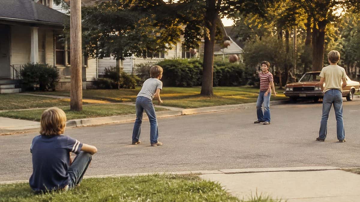 Parenting Practices from the Past That Would Be Illegal Today 6 Kids playing outdoors in a neighborhood.