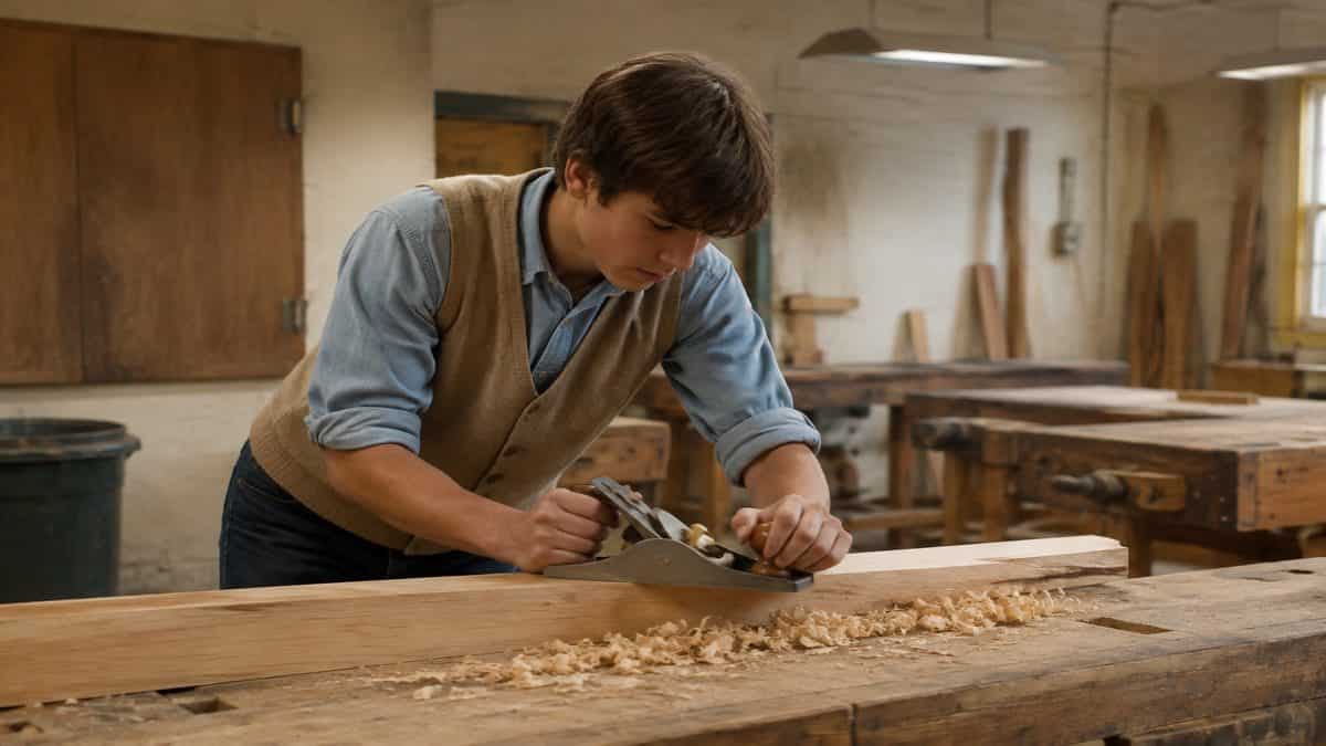 Student using a hand plane