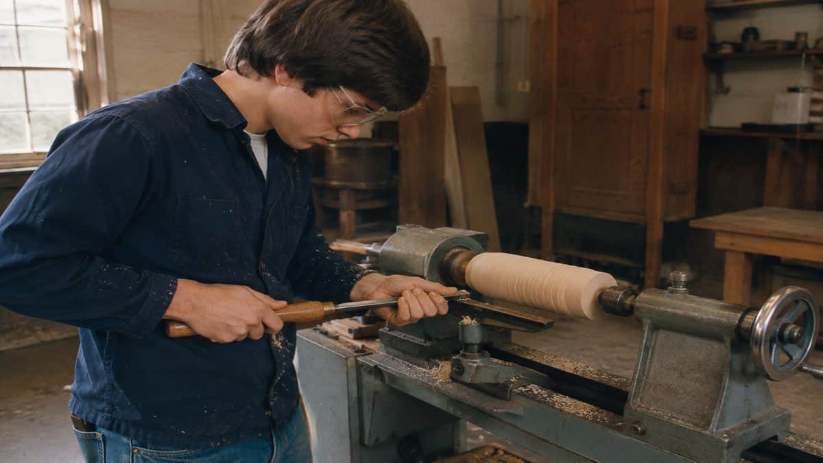 Student turning wood on a lathe with proper hand placement.