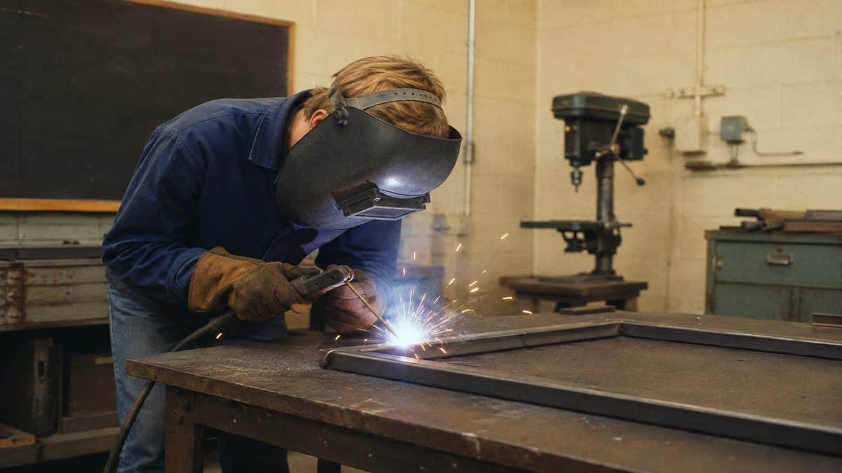 Student welding, with legible or no background text.