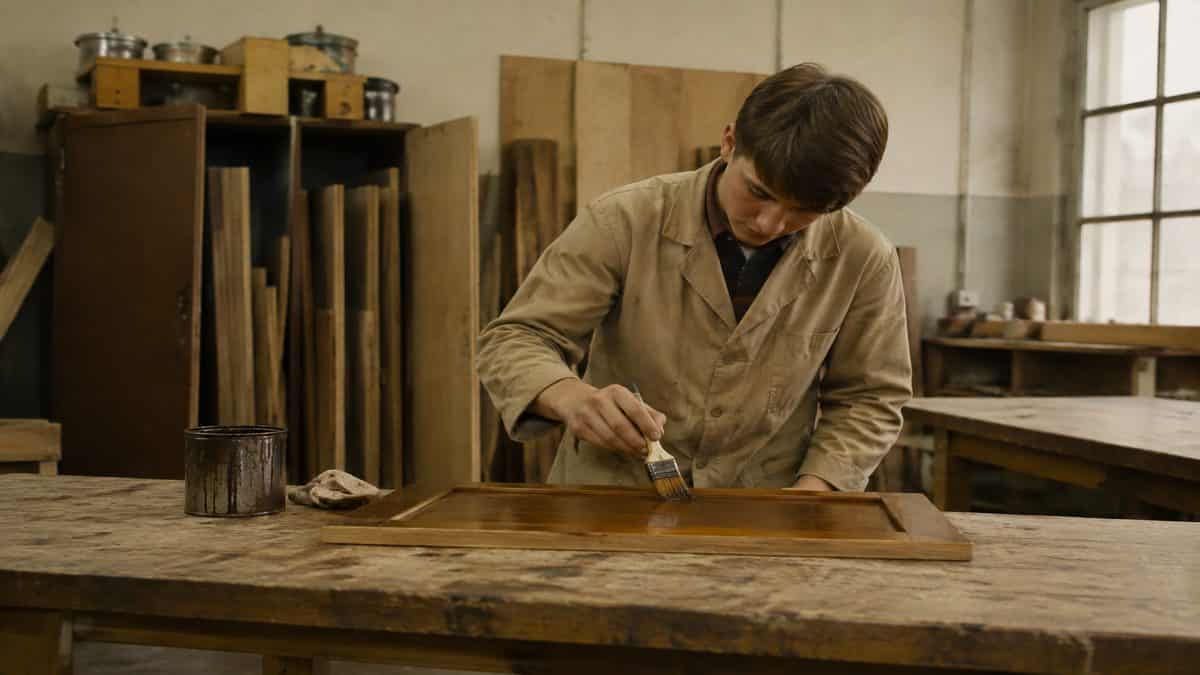 Student staining or varnishing wood.