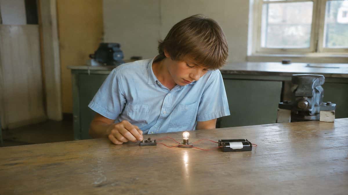 Student building a simple electrical circuit.