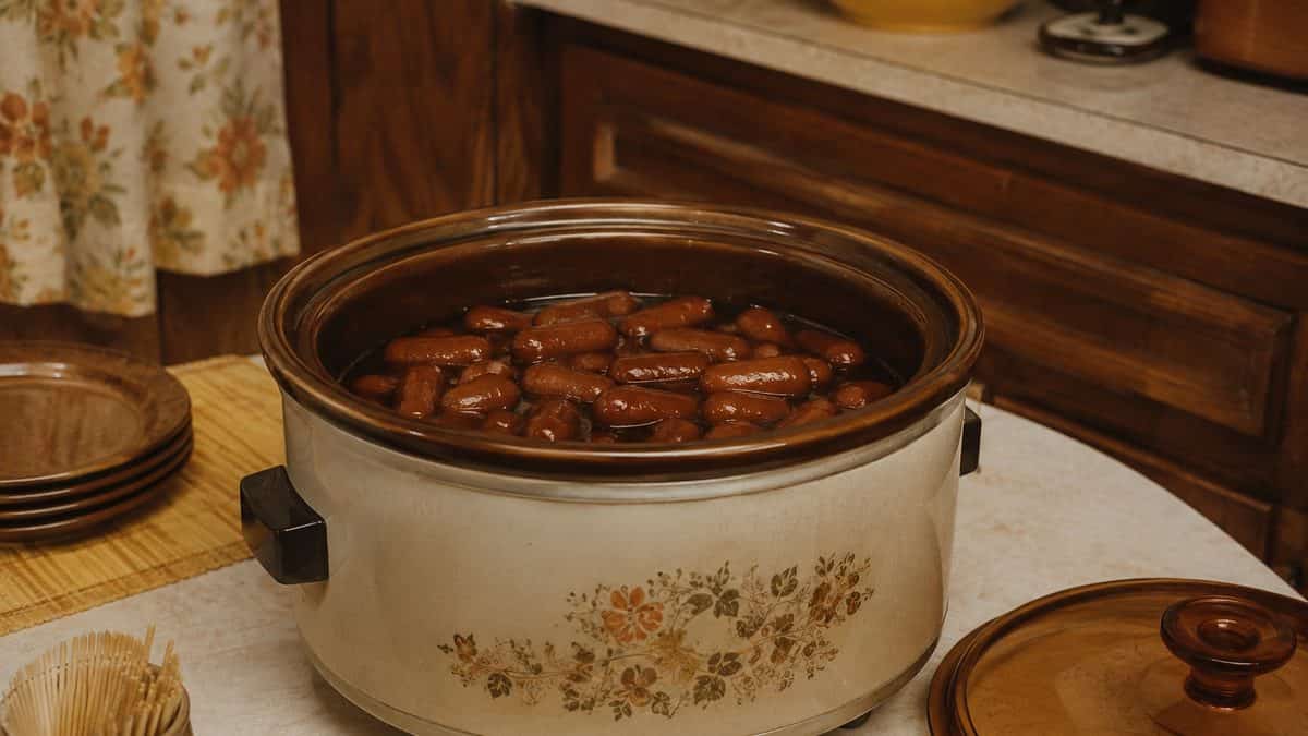 13 Party Foods from the Seventies That Should Make a Comeback 6 Cocktail weenies in a real vintage slow cooker