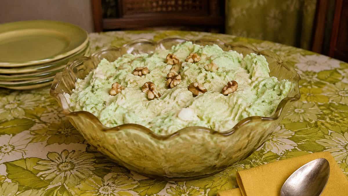13 Party Foods from the Seventies That Should Make a Comeback 7 Watergate salad in a vintage bowl
