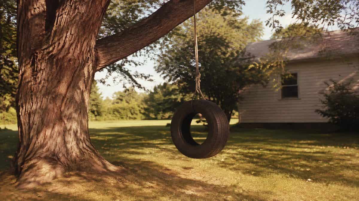 Remember These? 15 Playground Equipment Pieces That Would Never Pass Safety Standards Today 13 Vintage photo of a tire swing hanging from a tree.
