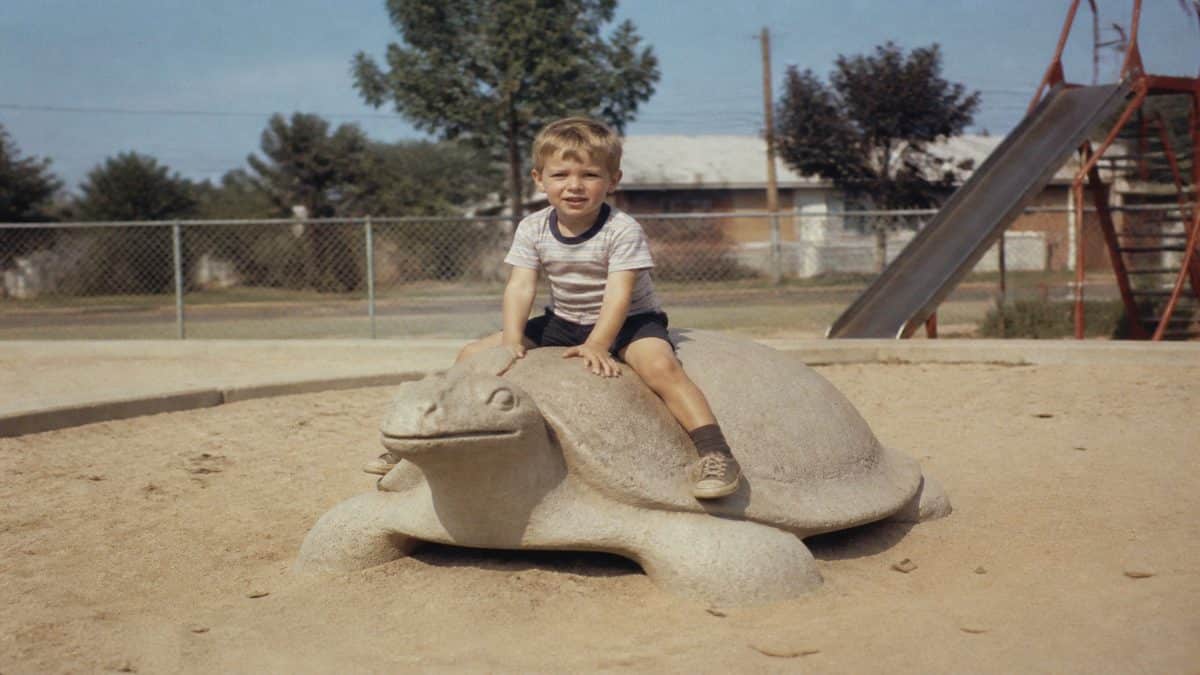 Remember These? 15 Playground Equipment Pieces That Would Never Pass Safety Standards Today 14 Vintage photo of a child playing on a concrete turtle in a playground.