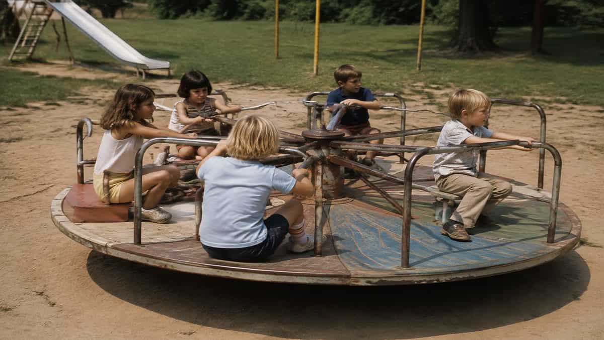 Remember These? 15 Playground Equipment Pieces That Would Never Pass Safety Standards Today 4 Kids on a merry-go-round.
