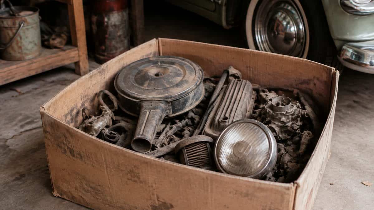 Dusty box of authentic vintage auto parts in a garage