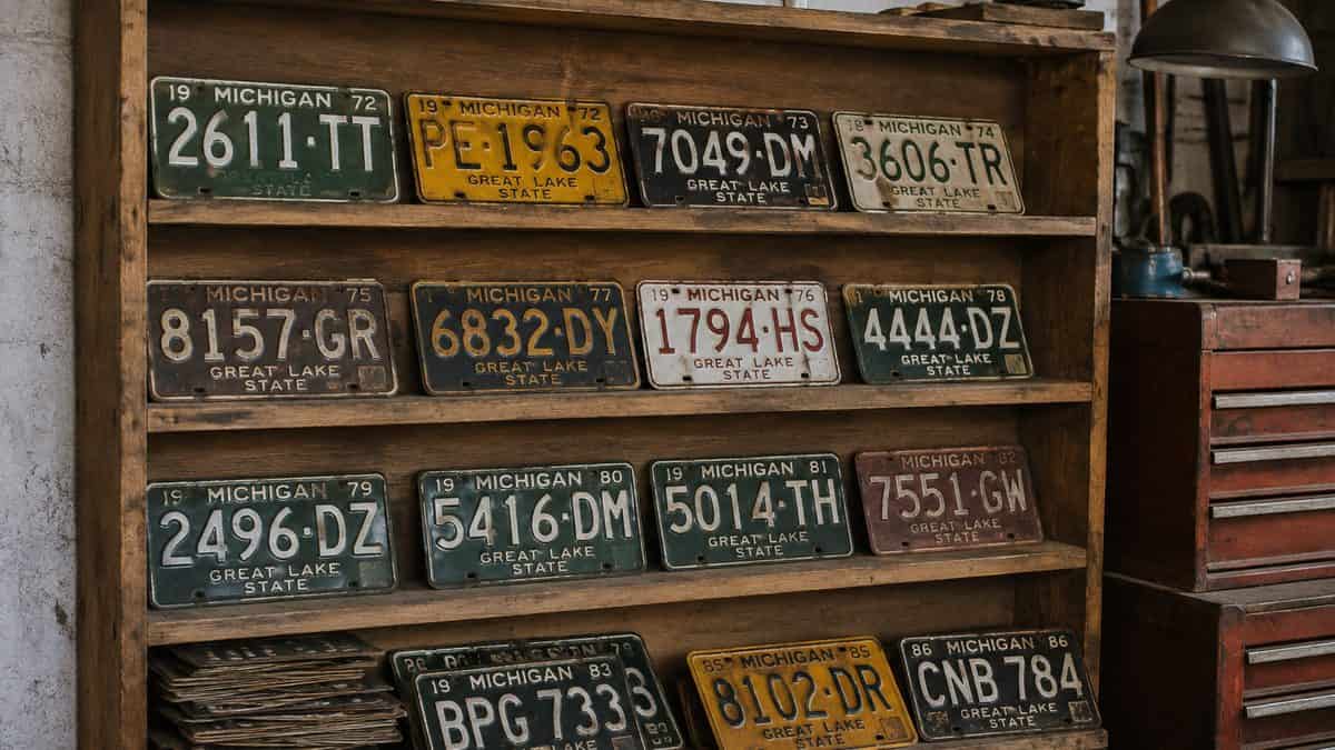 Real photograph of vintage license plates in a garage setting, with clear and accurate text.