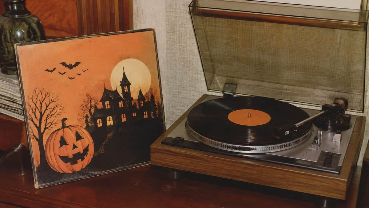 14 Things That Made Halloween Better in the '70s 14 Photo of a classic 1970s Halloween sounds vinyl record next to a turntable