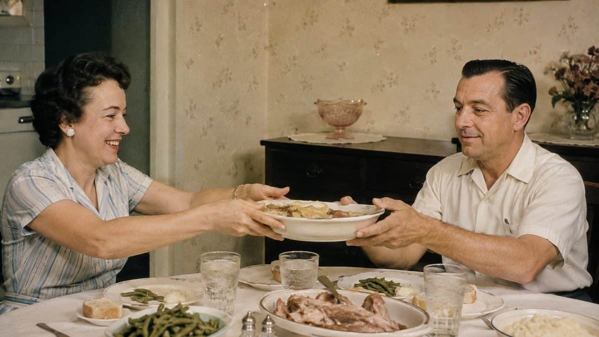 15 Ways Dinnertime Was Different in the '50s—And Why Families Miss It 16 Family passing food during Sunday dinner