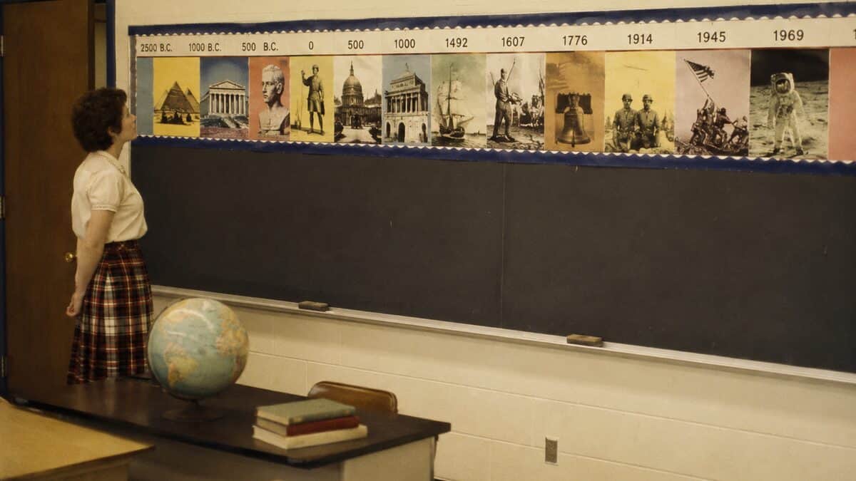 13 Things You Had to Memorize in School That Are Now Obsolete 6 Real historical classroom photo with a legible timeline