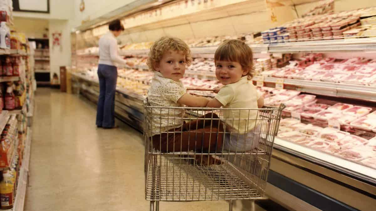 What Kids Used to Do at the Grocery Store That's Unthinkable Now 2 Children sitting in a realistically rendered shopping cart