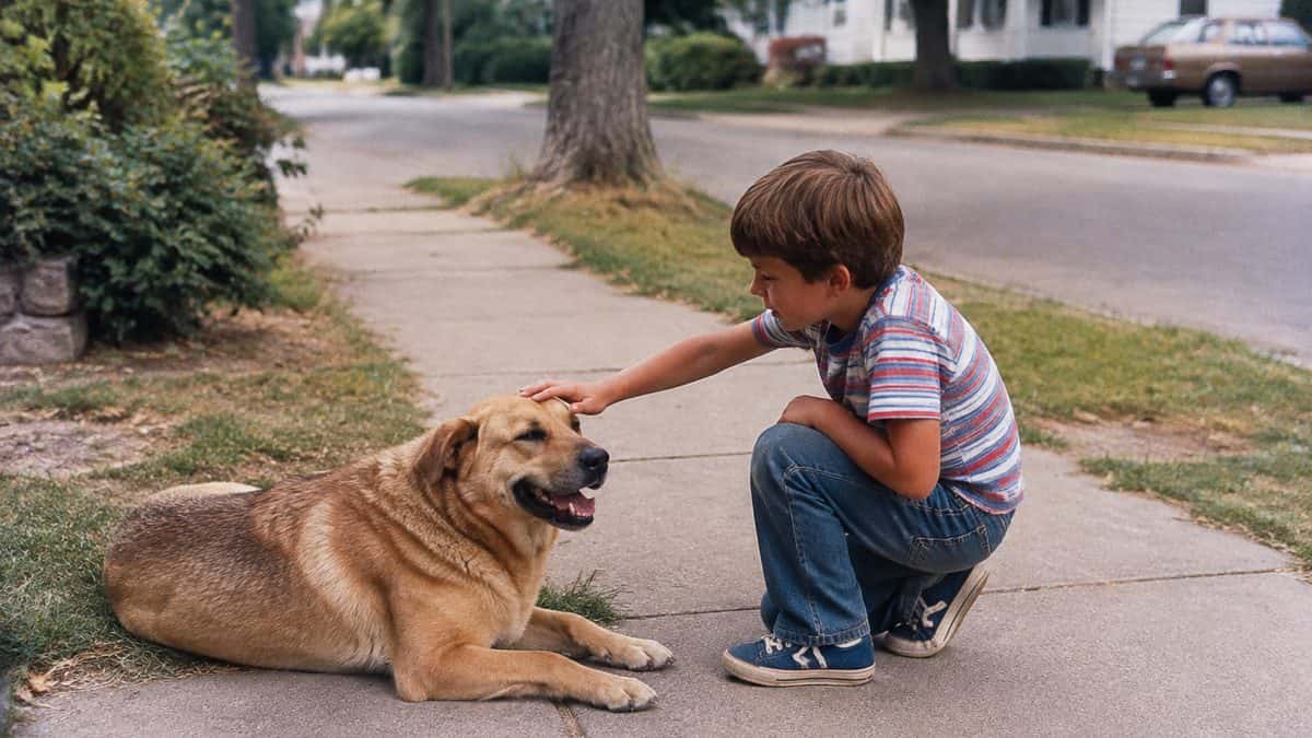 12 Things Every Kid Who Walked to School Alone Will Remember 8 Child interacting with a neighborhood dog.