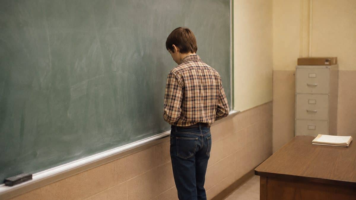 School Punishments That Were Legal Then But Would Be Criminal Now 18 Vintage photo of a student writing lines on a chalkboard or sitting at a wooden desk.