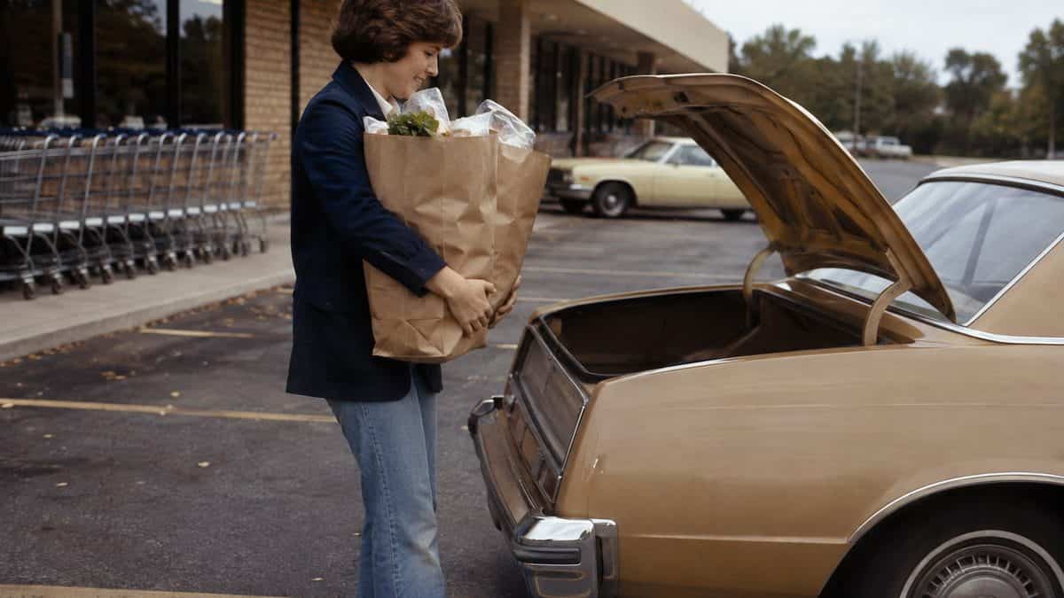 Shopper carrying paper grocery bags to their car