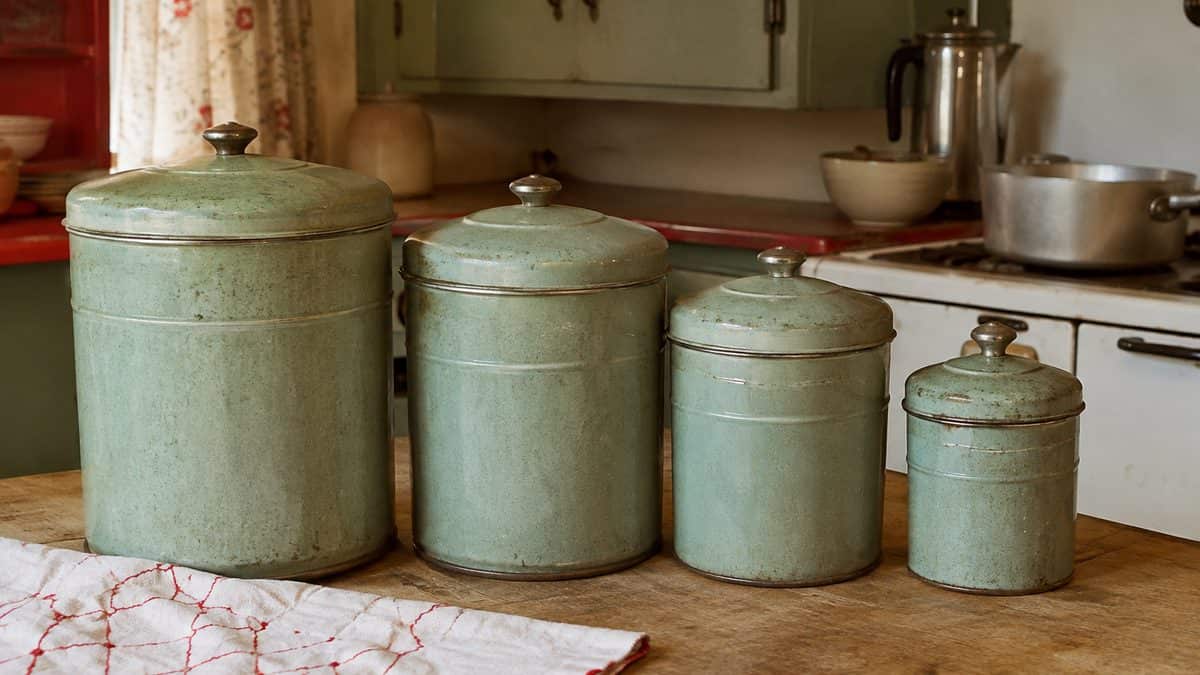 Authentic vintage metal canister set in a real kitchen