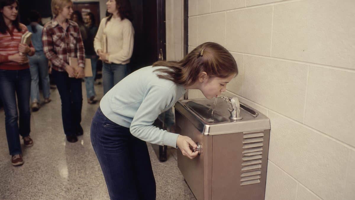 Standard vintage photo of a school water fountain
