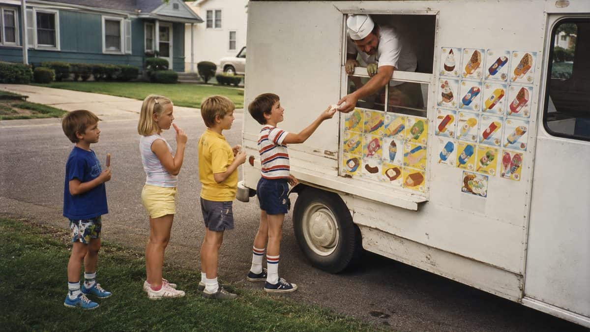 Kids buying ice cream from a neighborhood truck