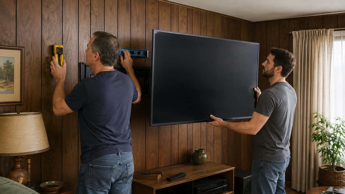 14 Things Every Kid With Wood-Paneled Walls Remembers 14 Someone hanging a TV on wood paneling