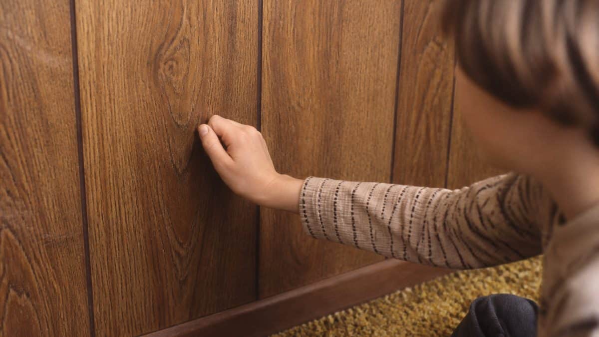 14 Things Every Kid With Wood-Paneled Walls Remembers 4 Real photograph of a child's hand knocking on 1970s style wood paneling.