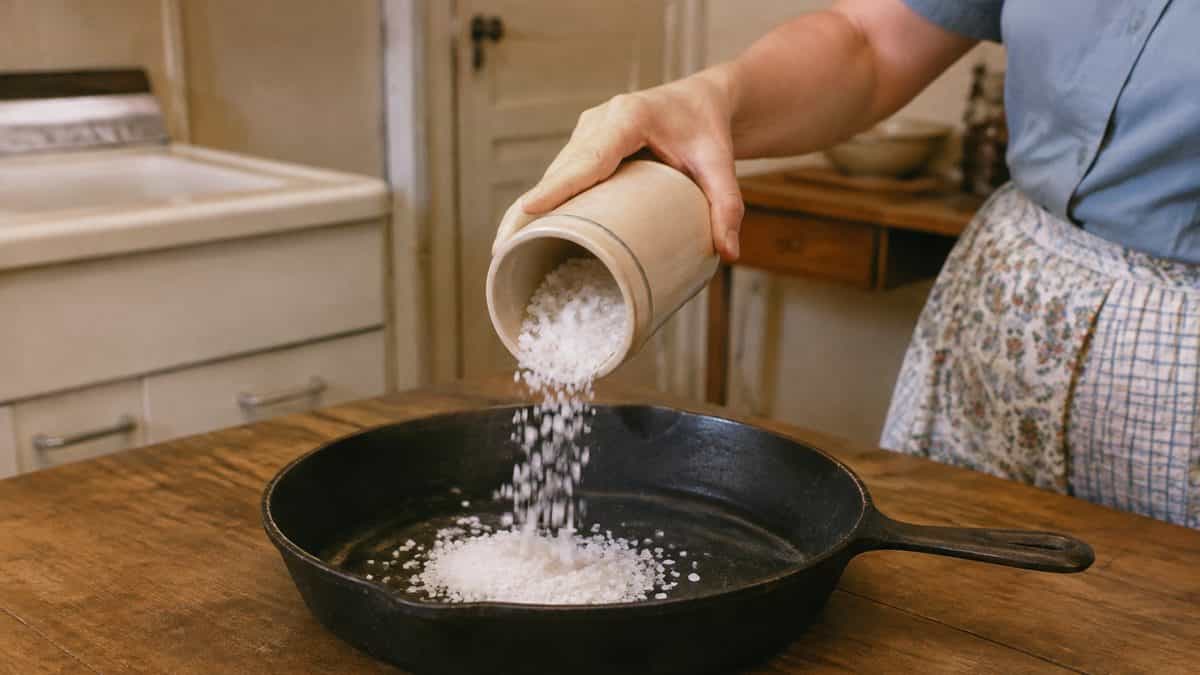 15 Basic Life Hacks from Grandma That Still Beat Modern Solutions 15 Real photograph of a person's hands pouring coarse salt into a cast iron pan.