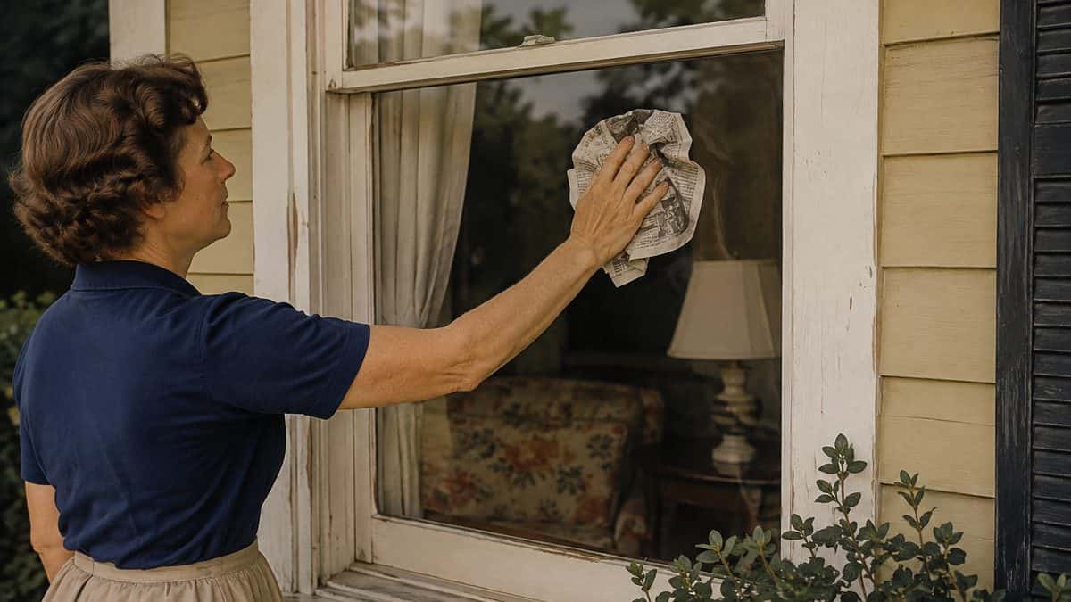 15 Basic Life Hacks from Grandma That Still Beat Modern Solutions 5 Person cleaning window with newspaper