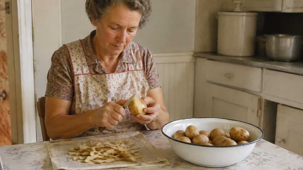 15 Basic Life Hacks from Grandma That Still Beat Modern Solutions 8 Hands peeling a potato.