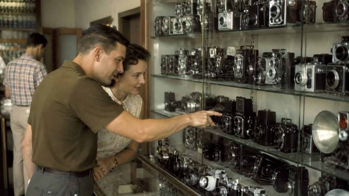 Authentic vintage cameras in a display case