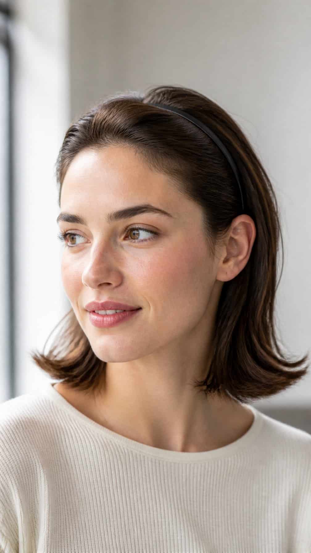 Woman wearing a thin headband with her hair swept back and the ends flipped outward.
