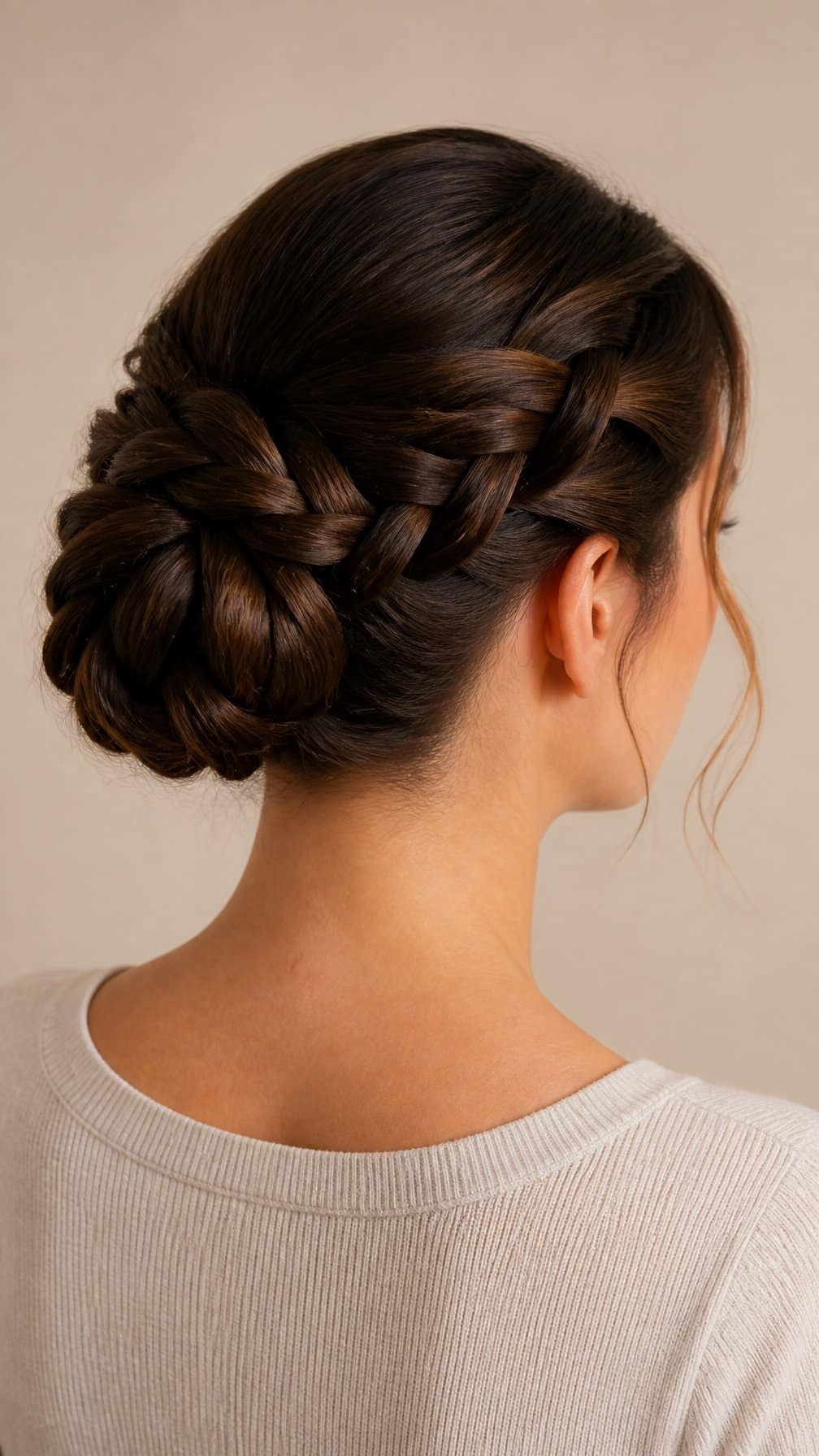 A woman wears her hair in a neat three-strand braided bun at the back of her head.