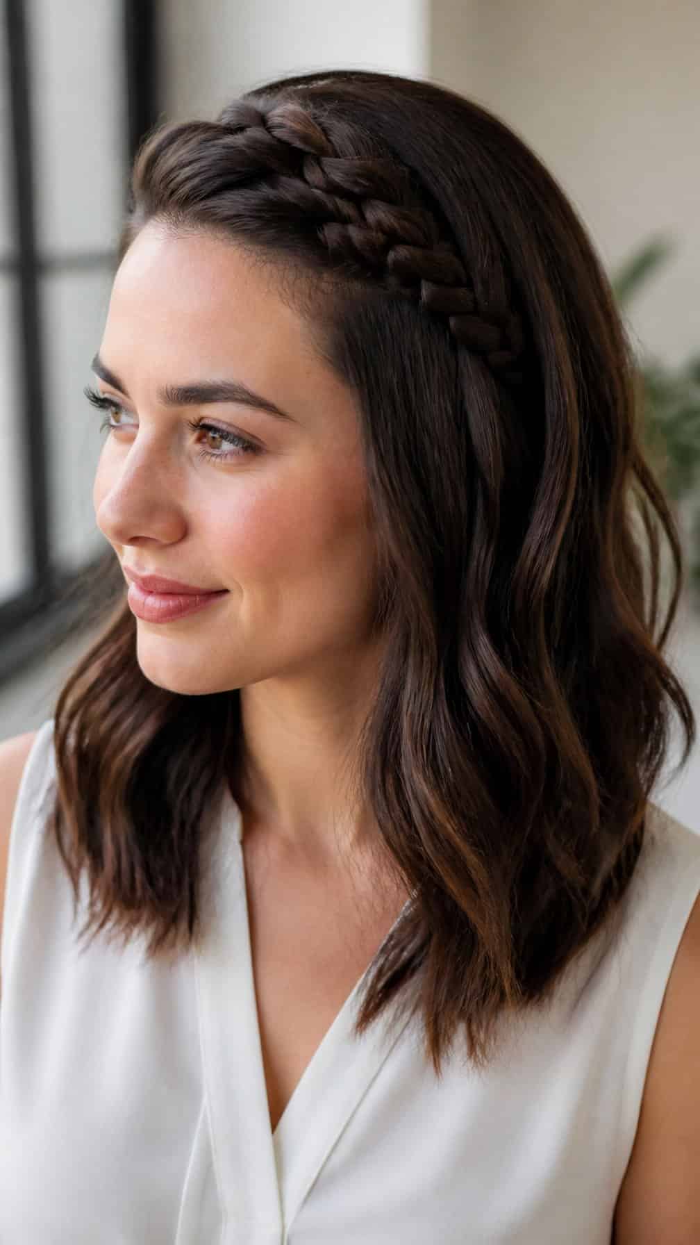 Woman wearing a three-strand braid styled as a headband across her hair.