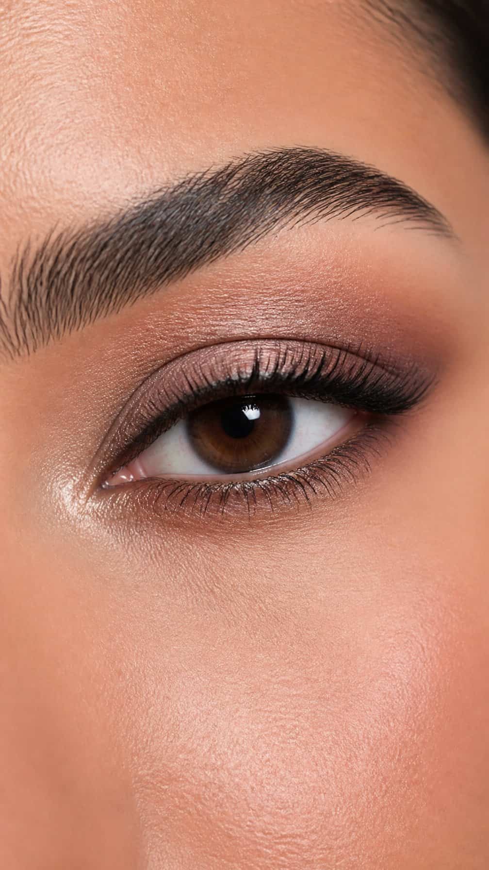 Close-up of a hooded eye with defined tightline eyeliner, blended neutral eyeshadow, and false lashes.